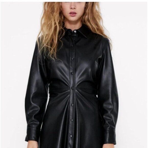 NEW Zara WOMANS MIDI FAUX VEGAN LEATHER SHIRT DRESS SHIRRED SIDES BLACK Size: L - Picture 5 of 12